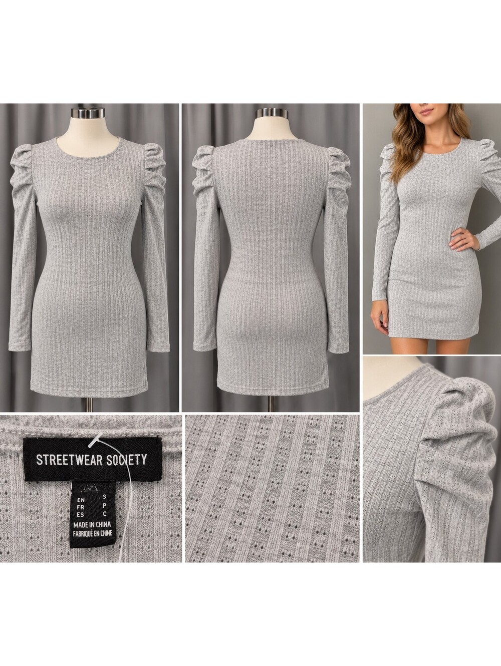 Streetwear Society Gray Ribbed Puff Sleeve Bodycon Mini Dress Size S NWT